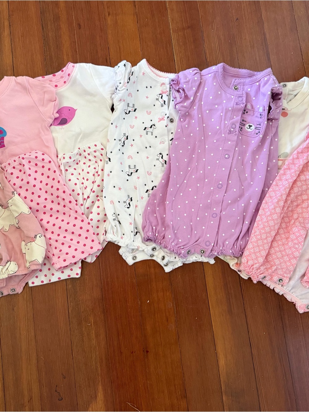 9 Baby Girls Pink and Lavender Polka Dot Pajama Rompers and sets